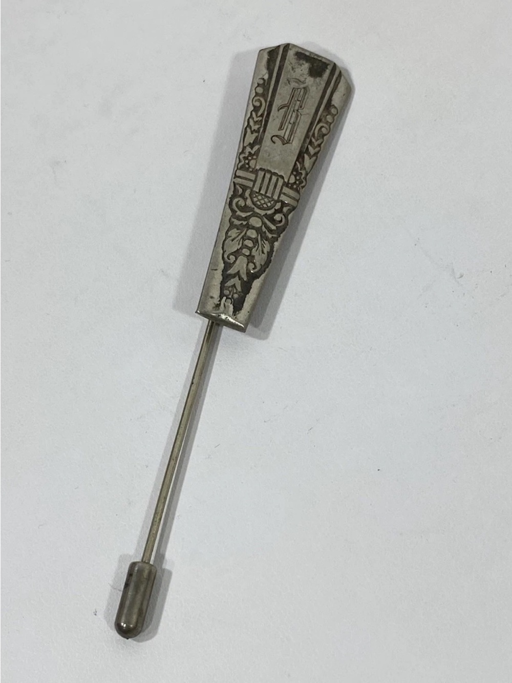 Vtg Spoon Handle Stick Pin Engraved B Repurposed Silverware Jewelry Art Deco